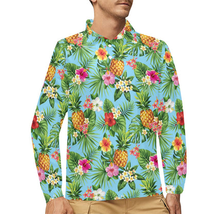 Pineapple Hawaiian flower Tropical Long Sleeve Polo Shirt For Men's