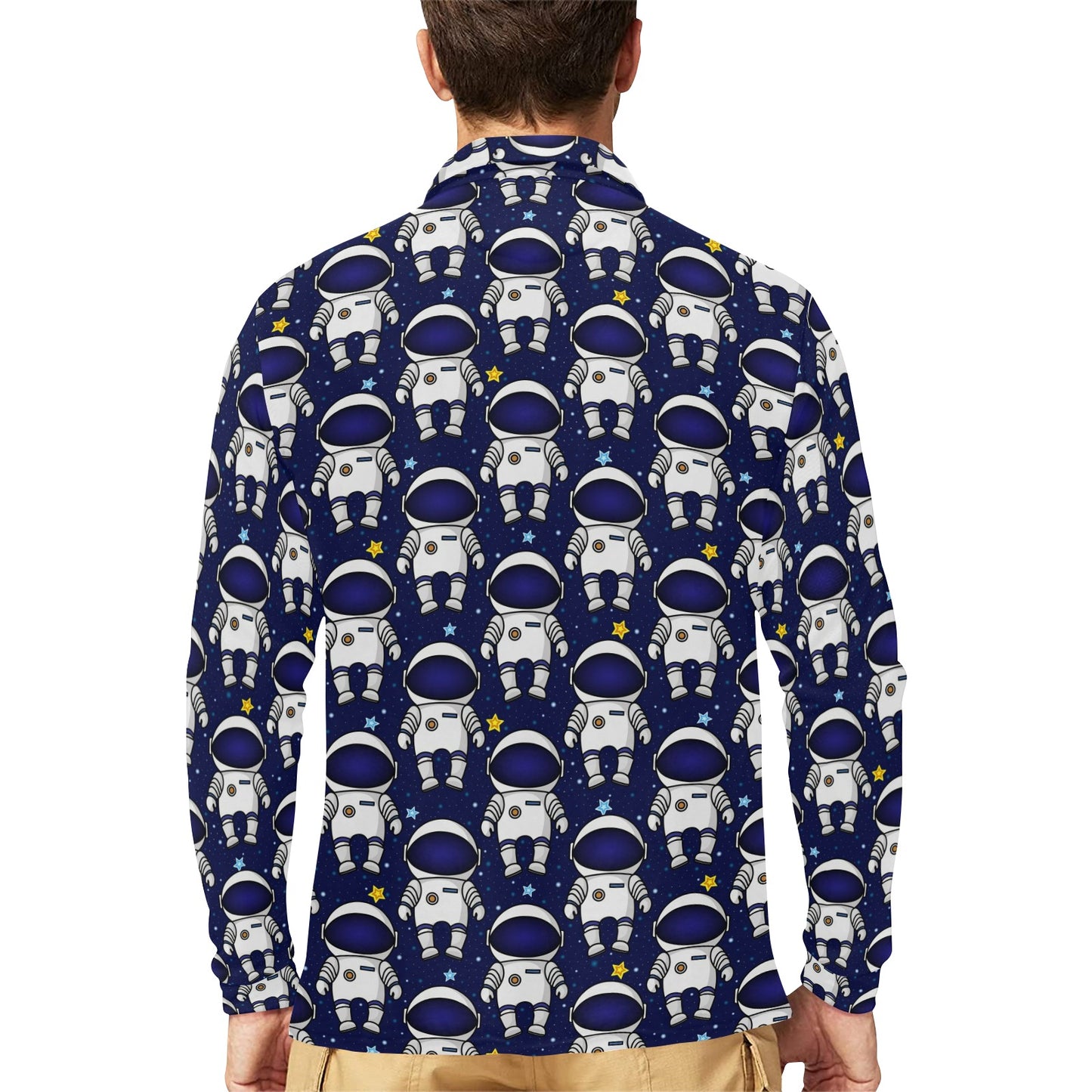 Astronaut Pattern Print Design 01 Long Sleeve Polo Shirt For Men's