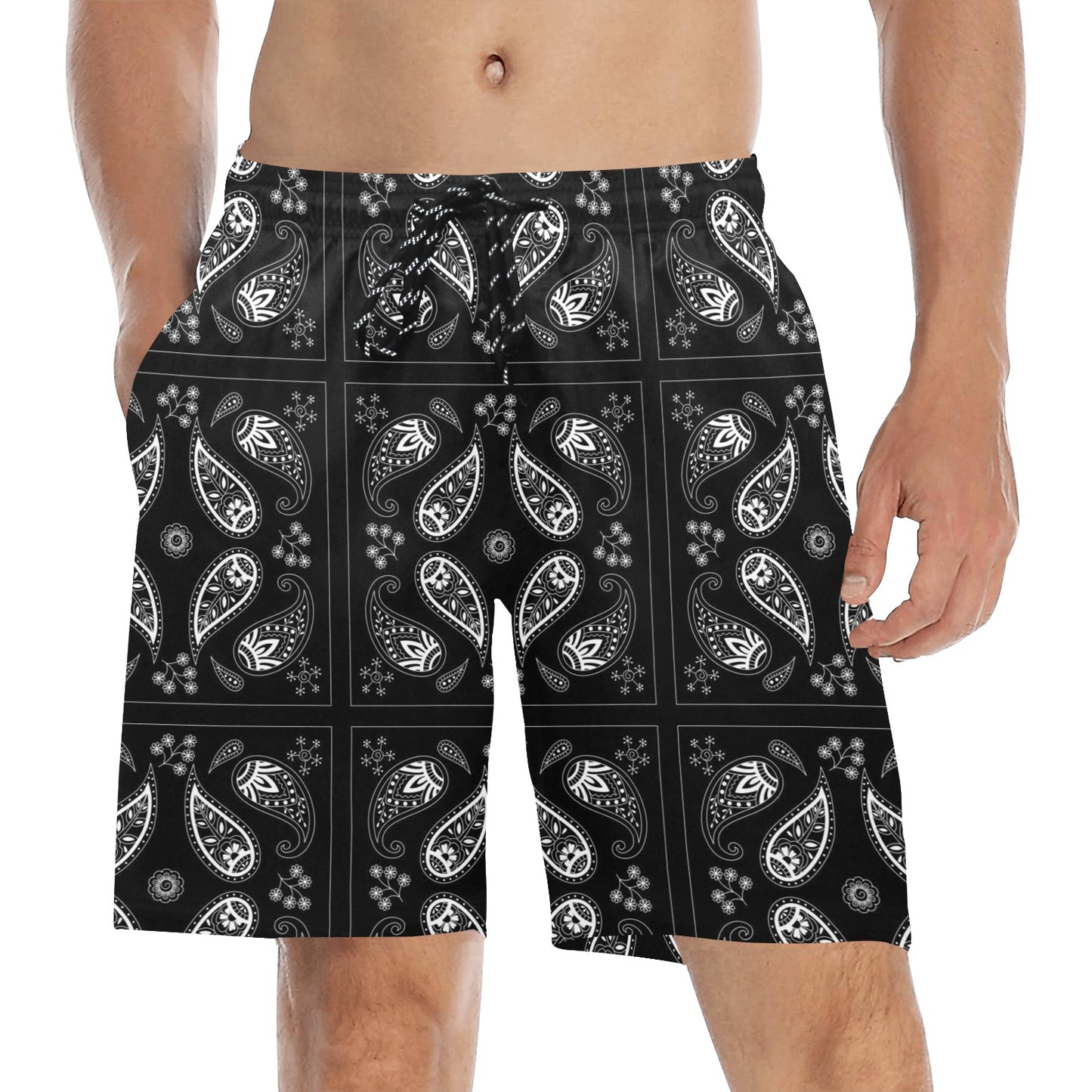 Bandana Paisley Black Print Design LKS308 Men's Swim Trunks Beach Shorts