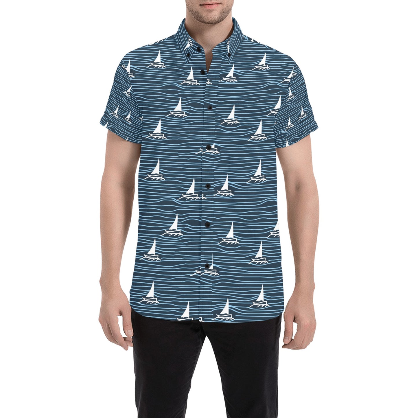 Sailboat Print Design LKS303 Men Short Sleeve Button Up Shirt