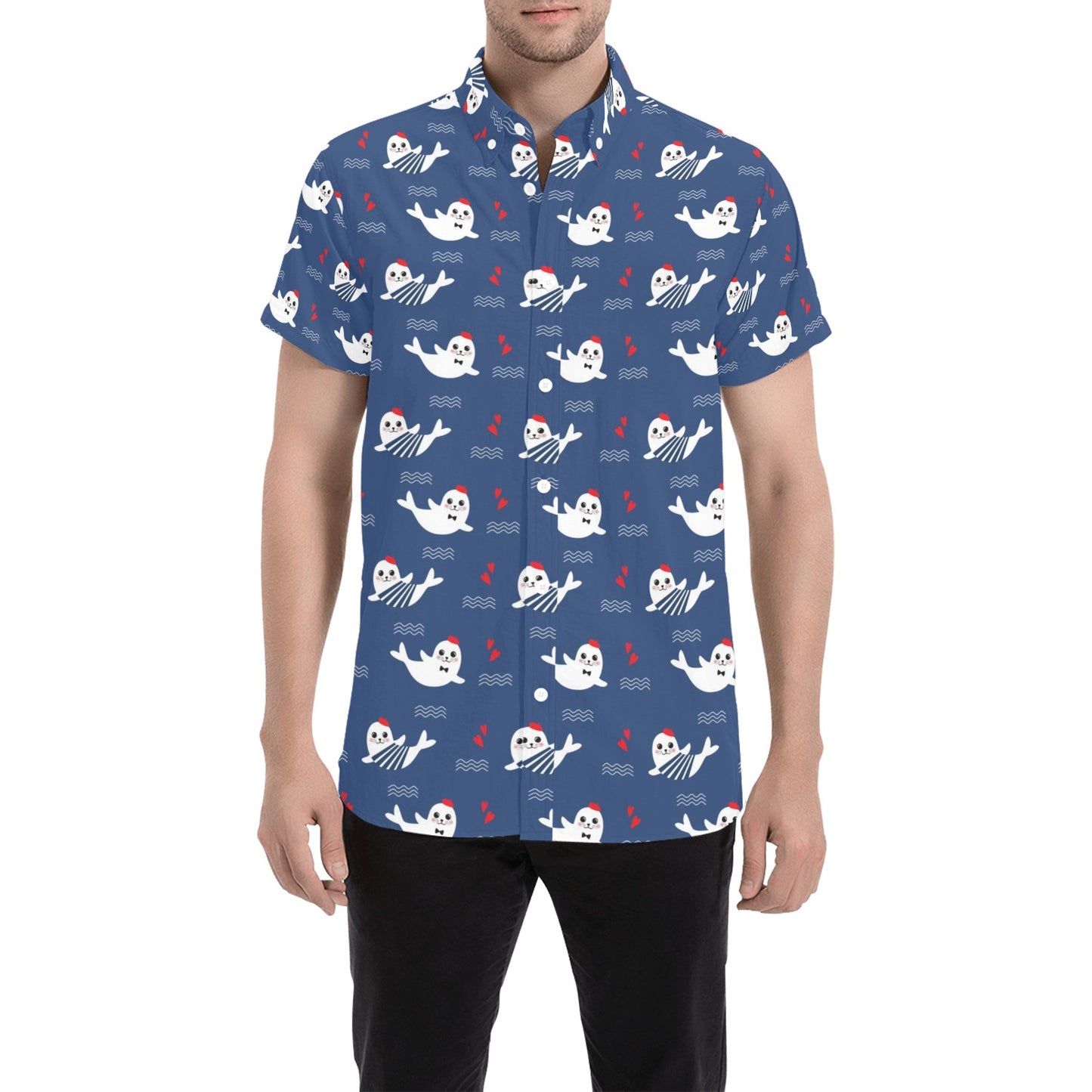 Sea Lion Print Design LKS403 Men Short Sleeve Button Up Shirt