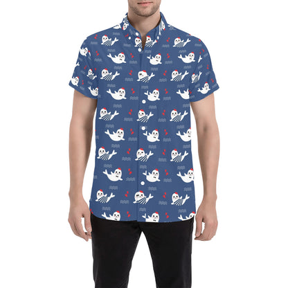 Sea Lion Print Design LKS403 Men Short Sleeve Button Up Shirt