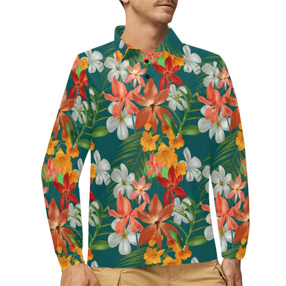 Amaryllis Pattern Print Design AL06 Long Sleeve Polo Shirt For Men's