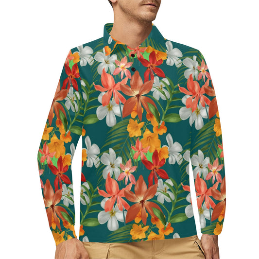 Amaryllis Pattern Print Design AL06 Long Sleeve Polo Shirt For Men's