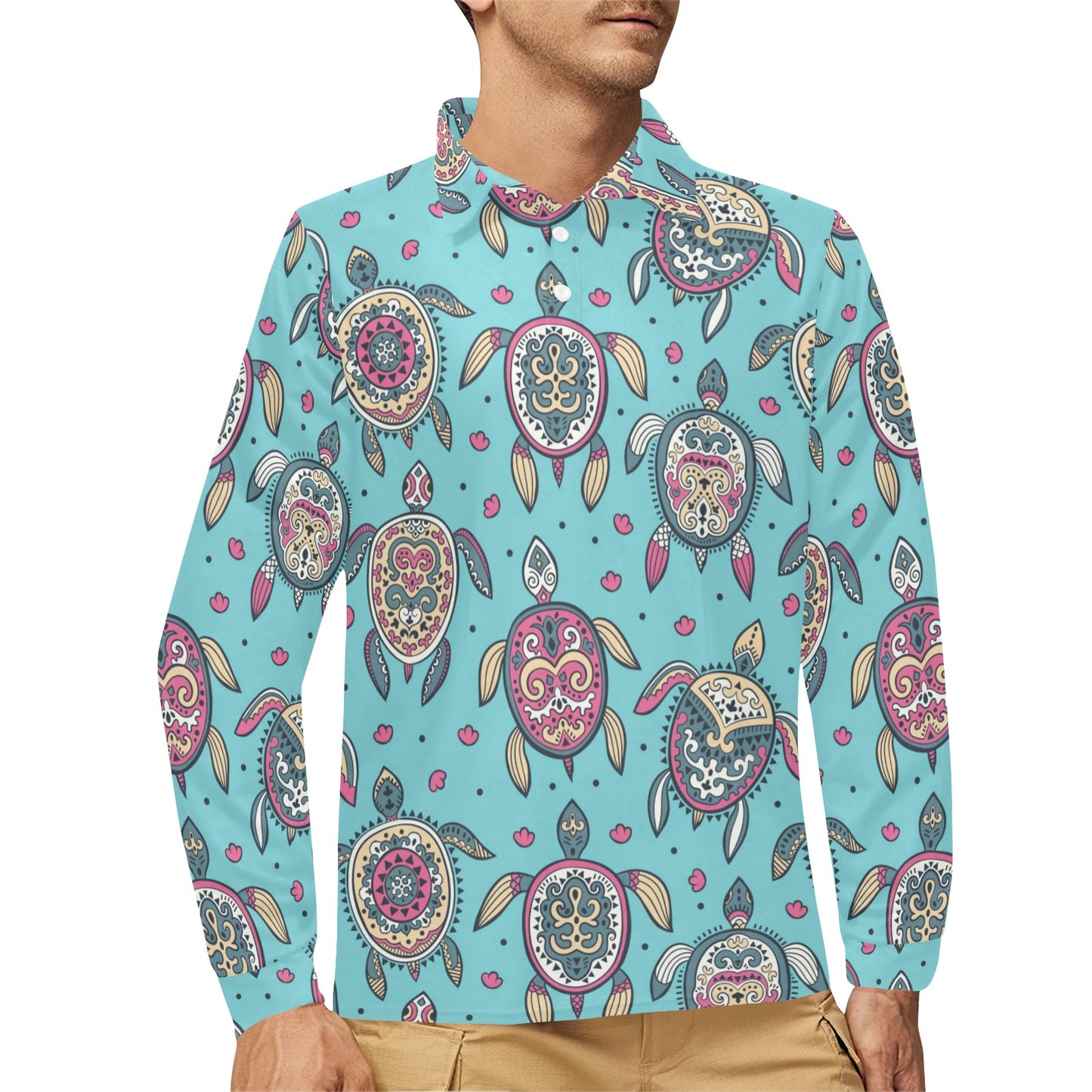 Sea Turtle Art Pattern Long Sleeve Polo Shirt For Men's