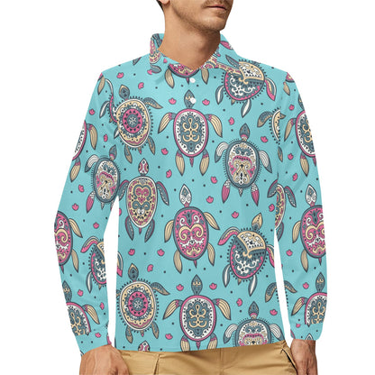 Sea Turtle Art Pattern Long Sleeve Polo Shirt For Men's