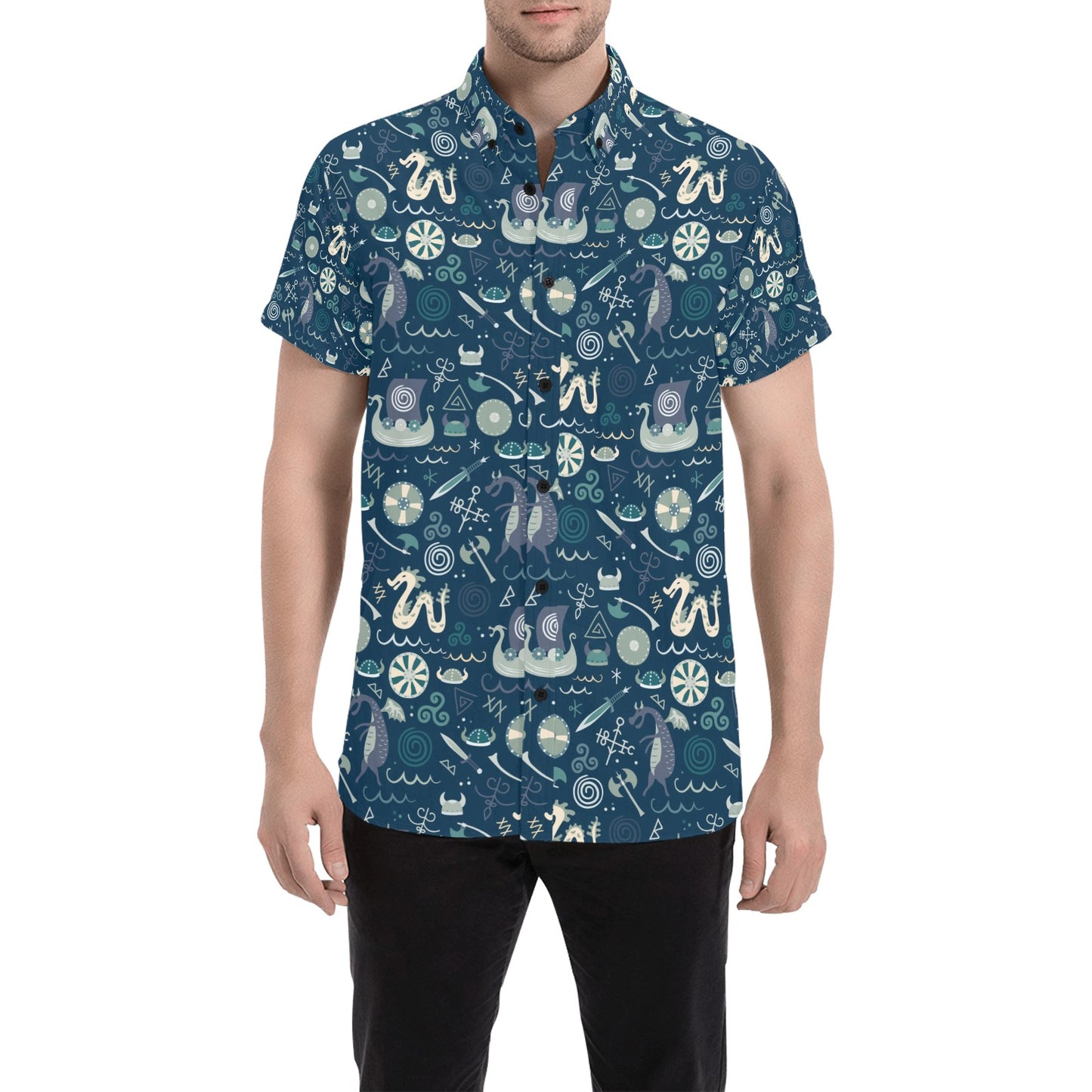 Vikings Print Design LKS305 Men Short Sleeve Button Up Shirt