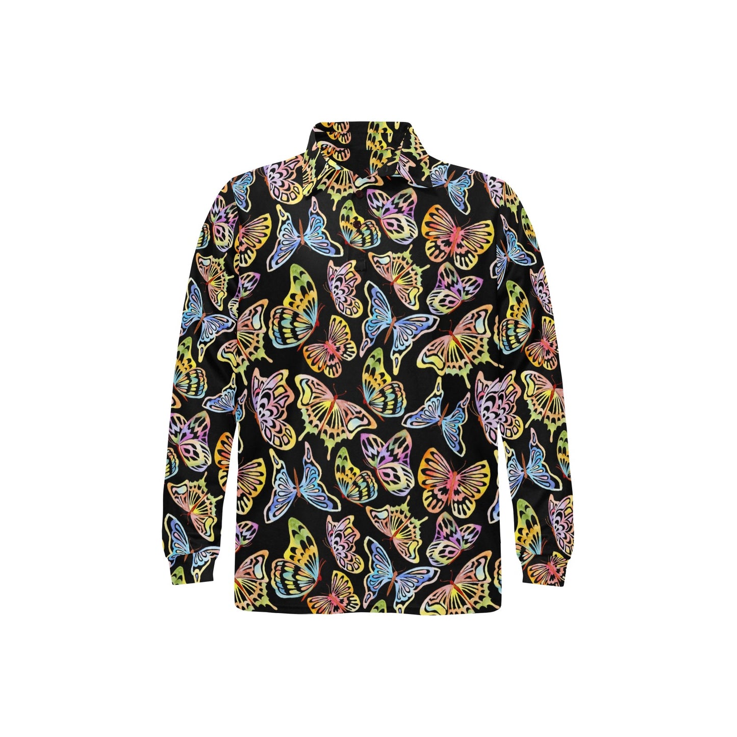 Butterfly Water Color Rainbow Long Sleeve Polo Shirt For Men's