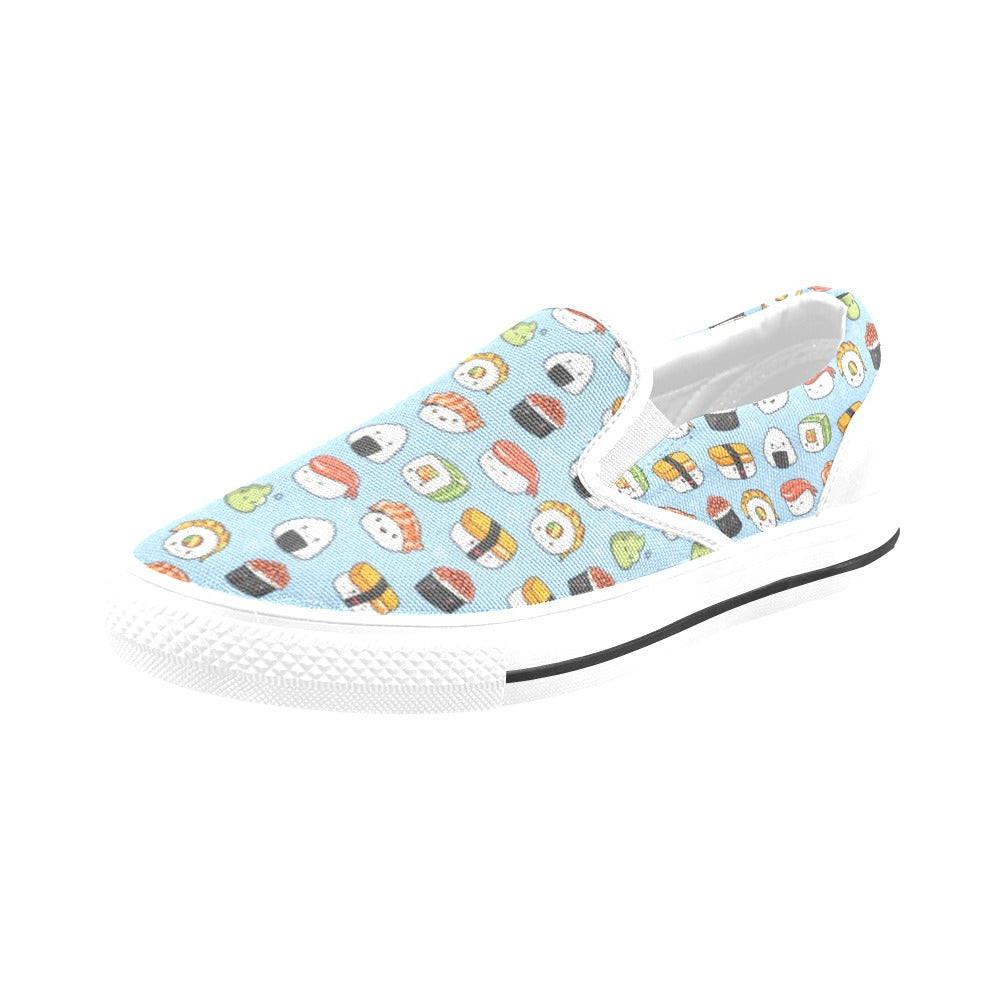 Sushi Print Design LKS303 White Slip Ons Canvas Women's Shoes