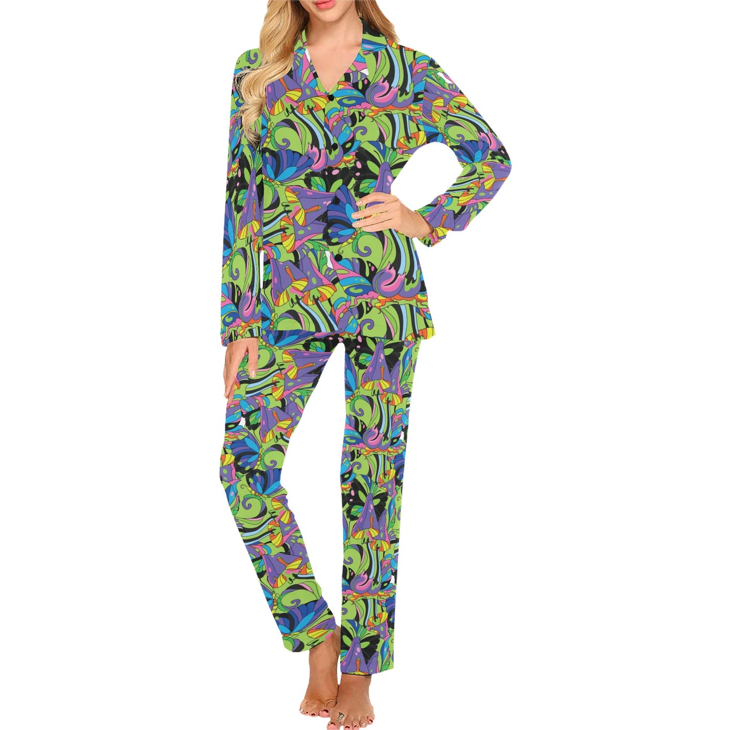 Psychedelic Trippy Mushroom Themed Women's Long Pajama Set