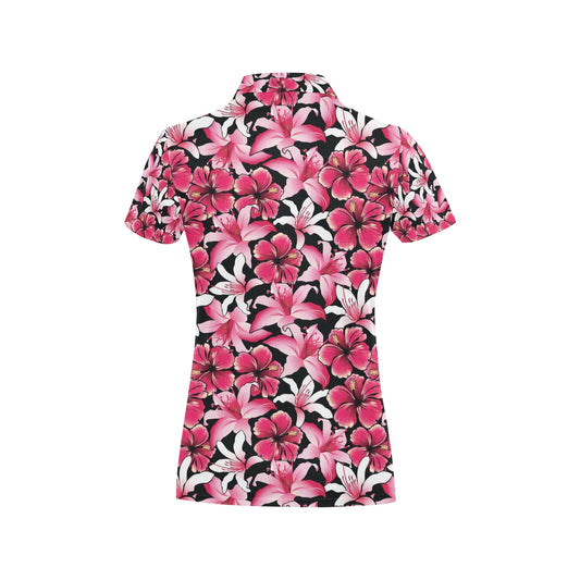 Flower Hawaiian Pink Red Hibiscus Print Women's Polo Shirt