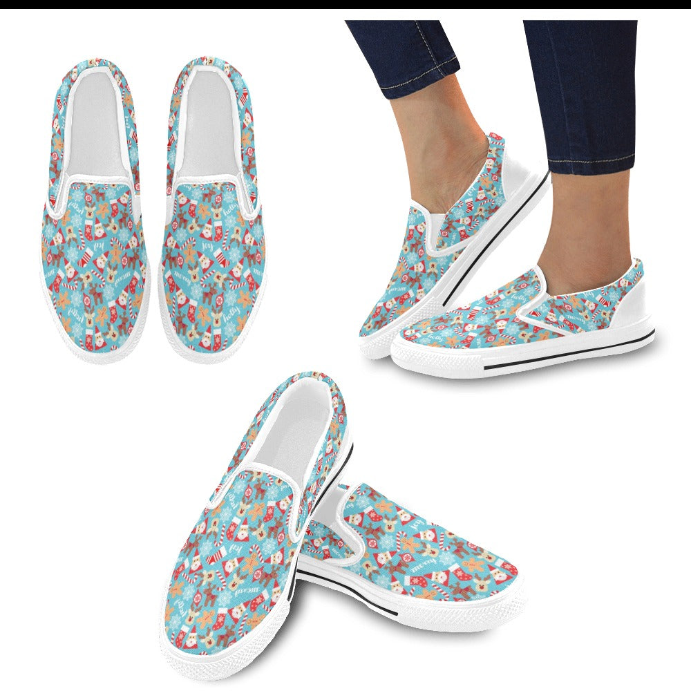 Santa Christmas Themed Print Design LKS306 White Slip Ons Canvas Women's Shoes