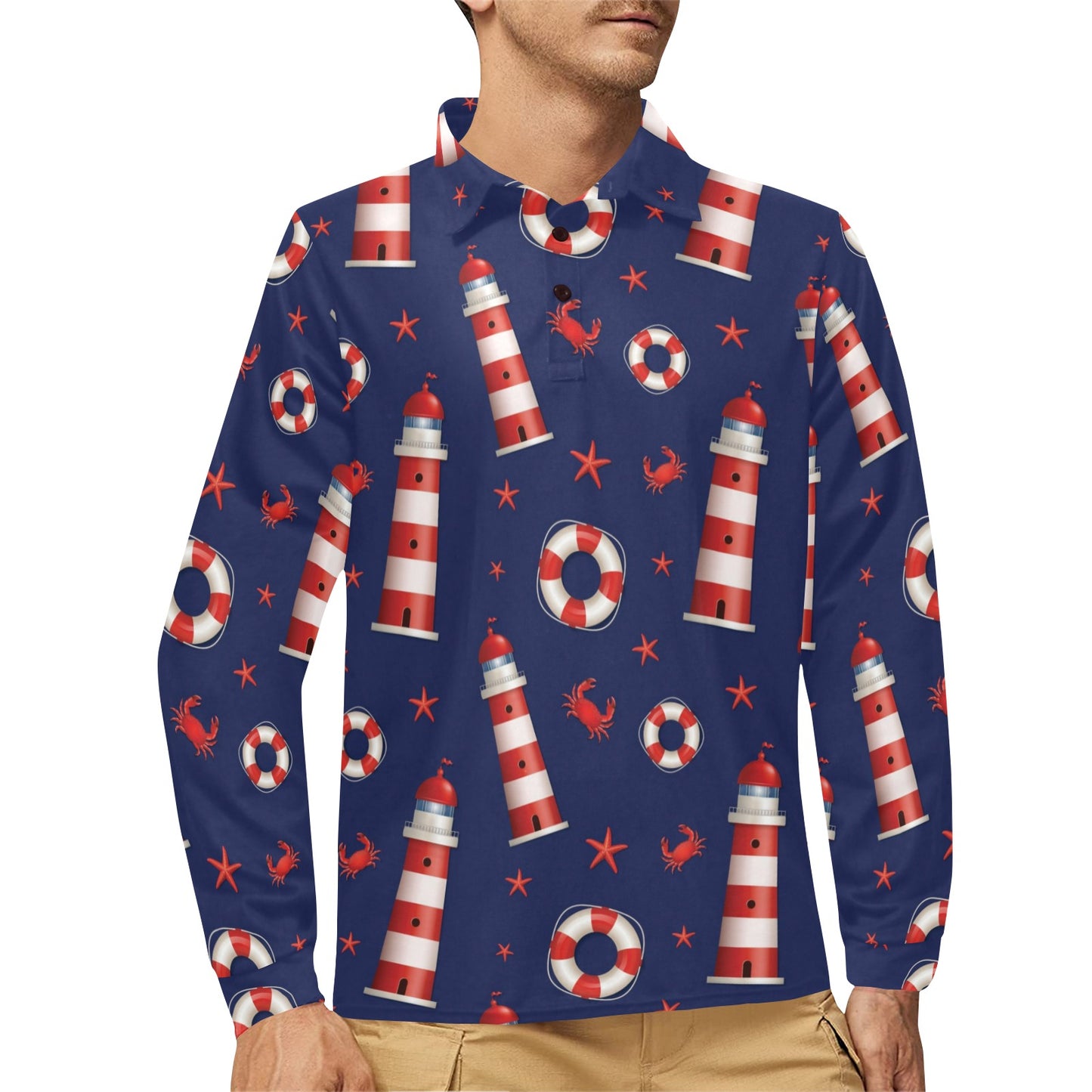Nautical Pattern Print Design A03 Long Sleeve Polo Shirt For Men's