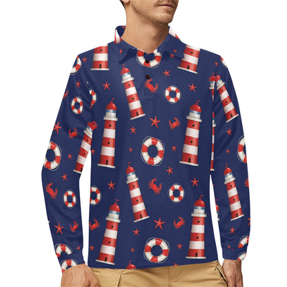 Nautical Pattern Print Design A03 Long Sleeve Polo Shirt For Men's