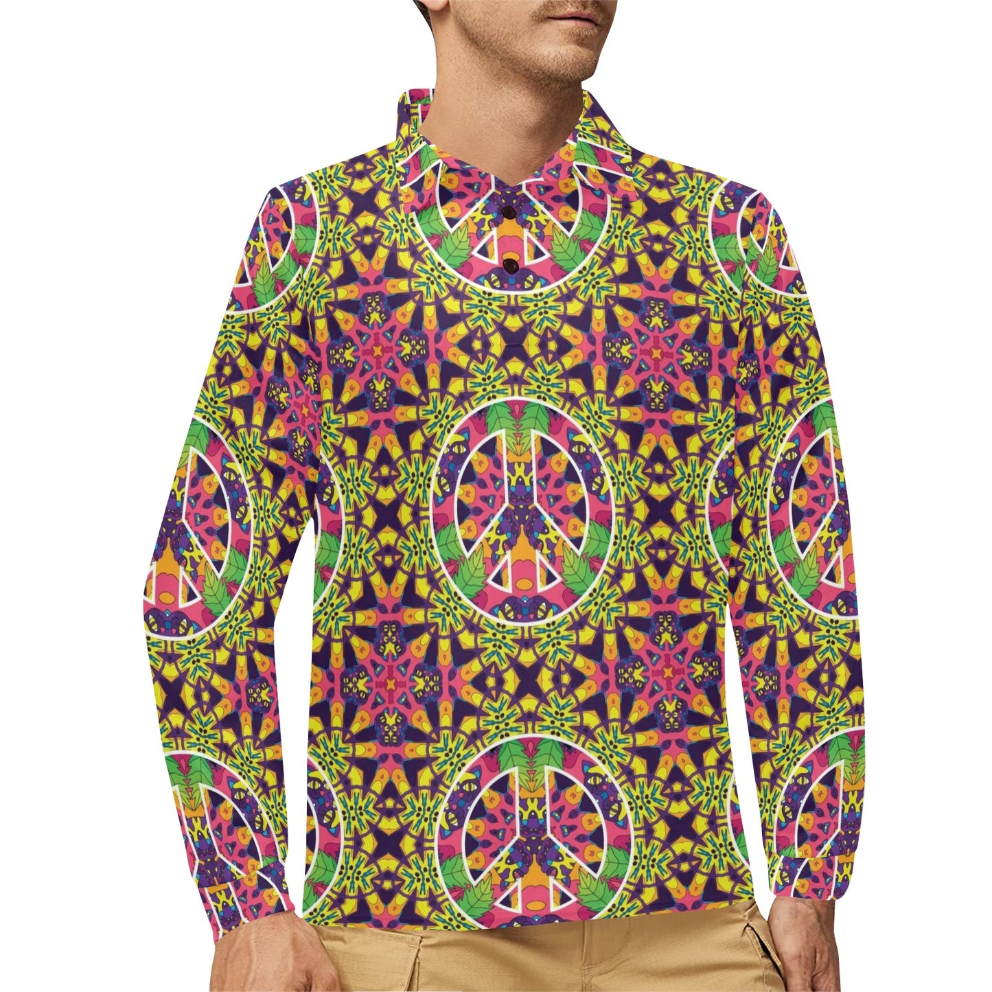 Peace Sign Pattern Print Design A04 Long Sleeve Polo Shirt For Men's