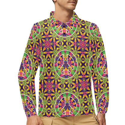 Peace Sign Pattern Print Design A04 Long Sleeve Polo Shirt For Men's