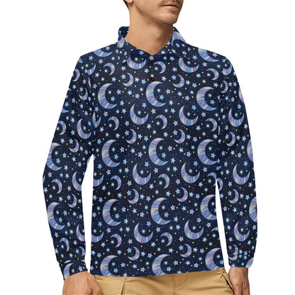 Celestial Moon Pattern Print Design 03 Long Sleeve Polo Shirt For Men's