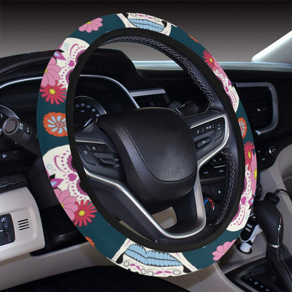 Sugar Skull Print Design LKS308 Steering Wheel Cover with Elastic Edge