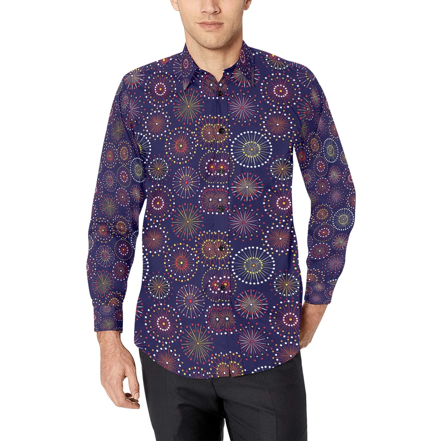 Firework Flower Style Print Design LKS302 Men's Long Sleeve Dress Shirt