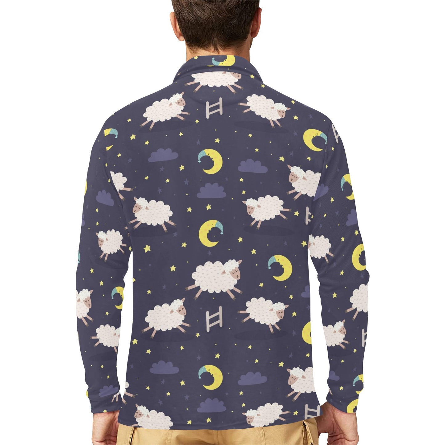 Sheep Night Pattern Print Design 02 Long Sleeve Polo Shirt For Men's
