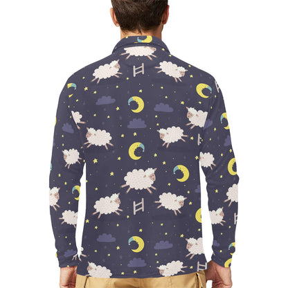 Sheep Night Pattern Print Design 02 Long Sleeve Polo Shirt For Men's