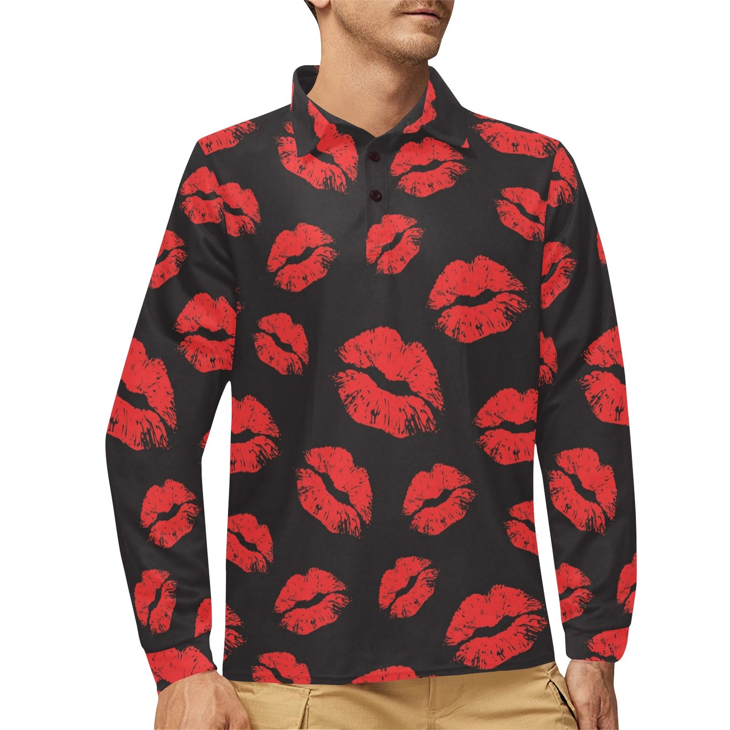 Lip Red Pattern Print Design 02 Long Sleeve Polo Shirt For Men's