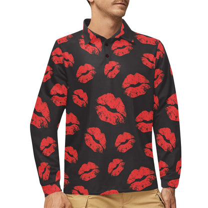 Lip Red Pattern Print Design 02 Long Sleeve Polo Shirt For Men's