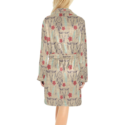 Native Buffalo Head Themed Design Print Women's Fleece Robe