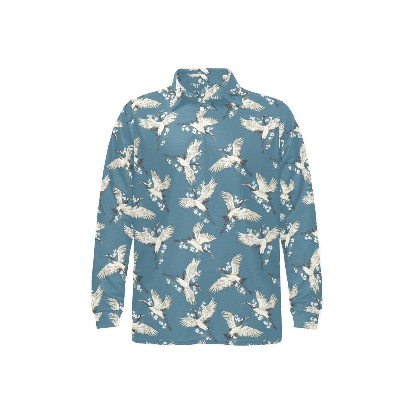 Crane Pattern Print Design 02 Long Sleeve Polo Shirt For Men's