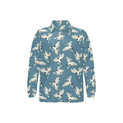 Crane Pattern Print Design 02 Long Sleeve Polo Shirt For Men's