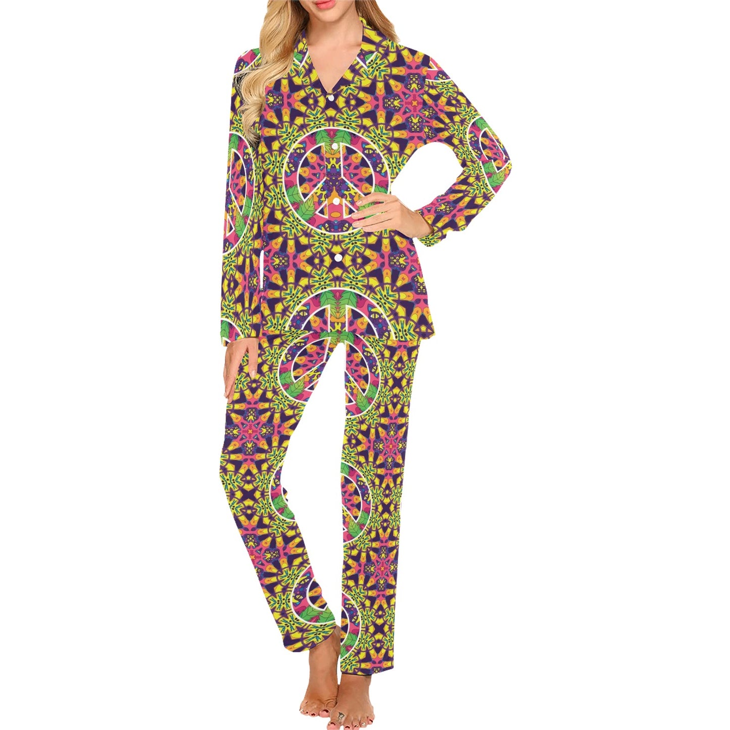 Peace Sign Pattern Print Design A04 Women's Long Pajama Set