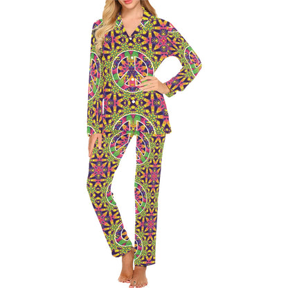 Peace Sign Pattern Print Design A04 Women's Long Pajama Set