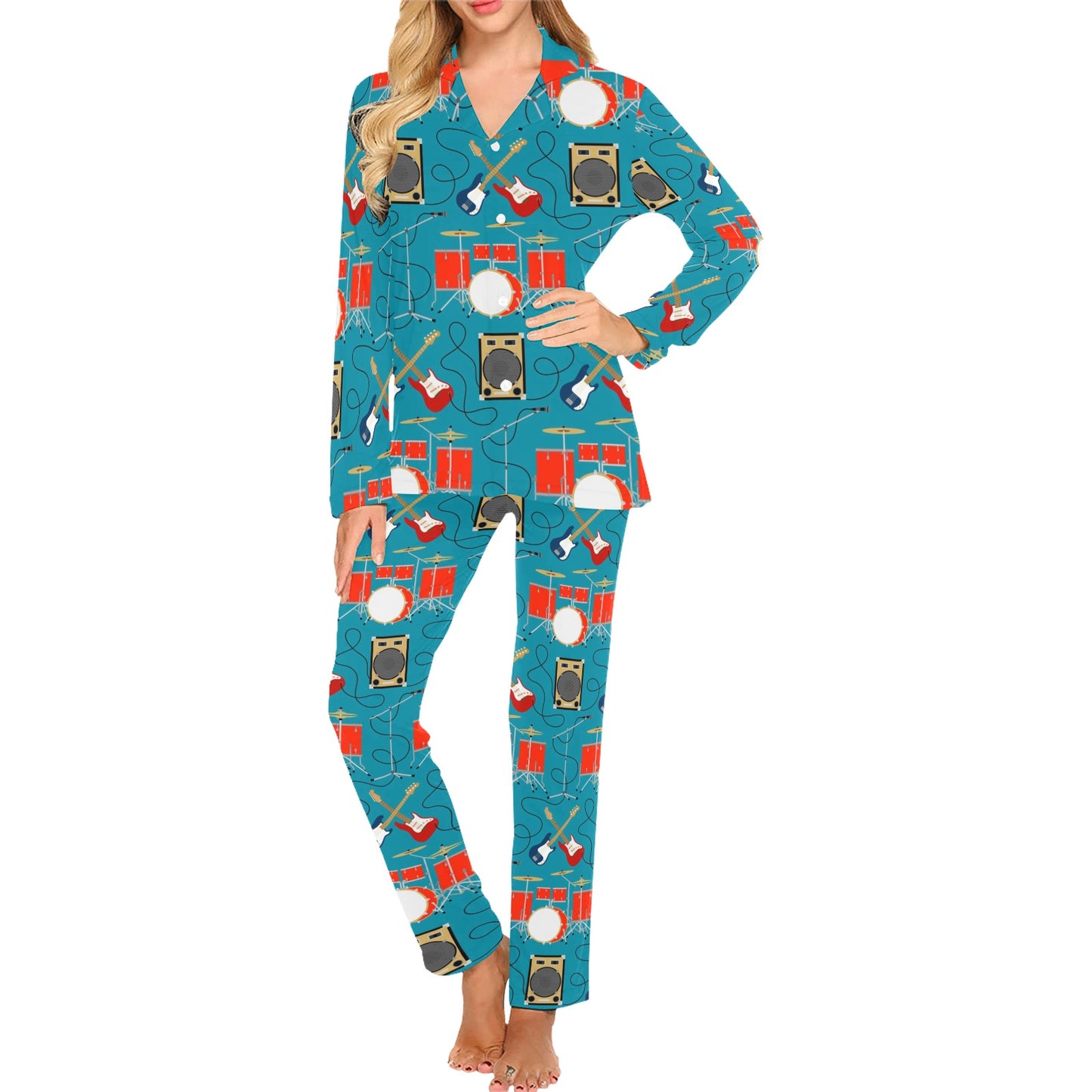 Drum Set Guitar Pattern Print Design 02 Women's Long Pajama Set