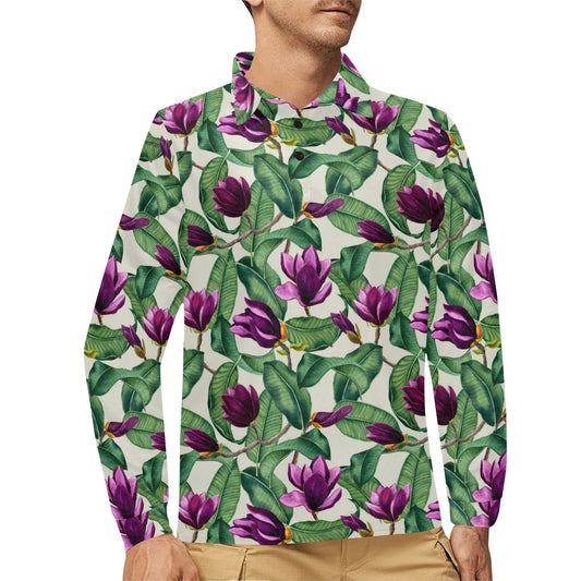 Magnolia Pattern Print Design MAG07 Long Sleeve Polo Shirt For Men's