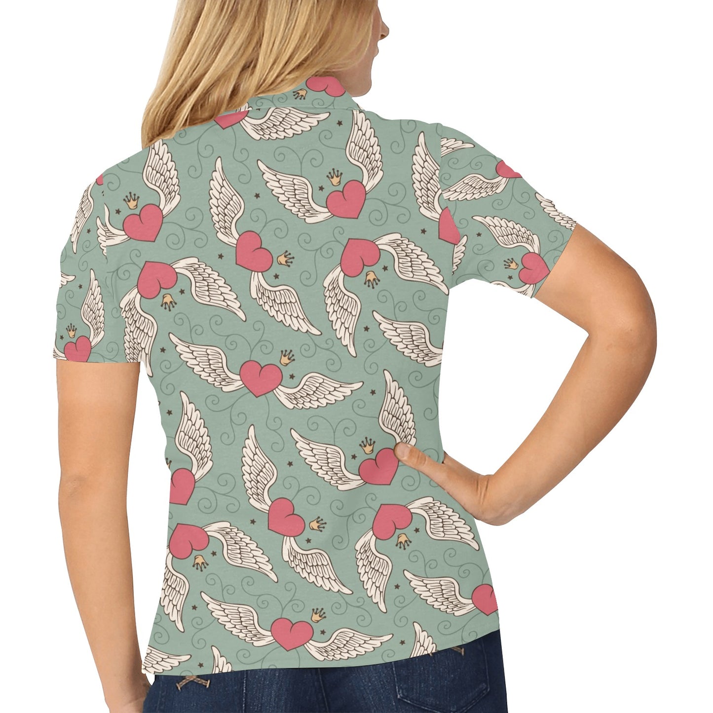 Angel Wings Heart Design Themed Print Women's Polo Shirt