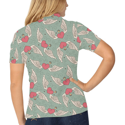 Angel Wings Heart Design Themed Print Women's Polo Shirt