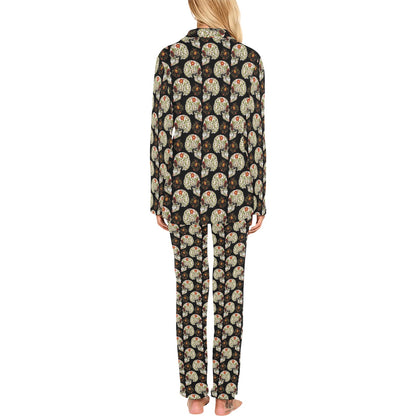 Sugar Skull Flower Design Themed Print Women's Long Pajama Set