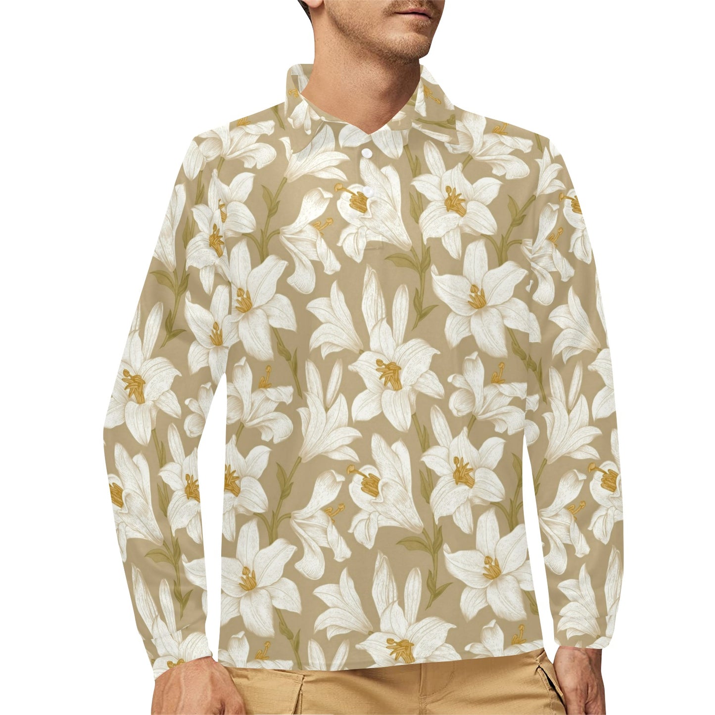 Lily Pattern Print Design LY07 Long Sleeve Polo Shirt For Men's