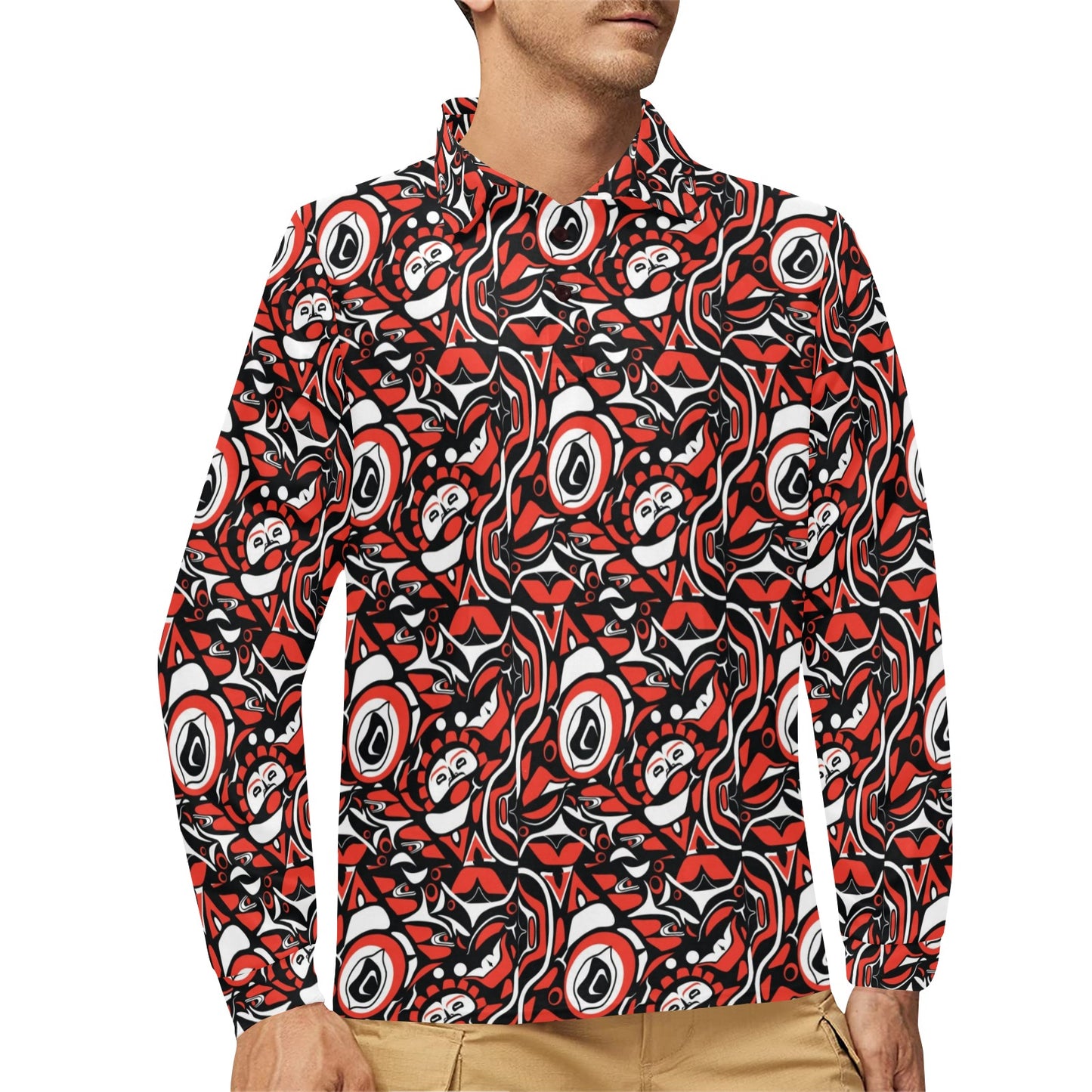 Native North American Themed Print Long Sleeve Polo Shirt For Men's