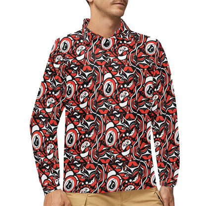 Native North American Themed Print Long Sleeve Polo Shirt For Men's