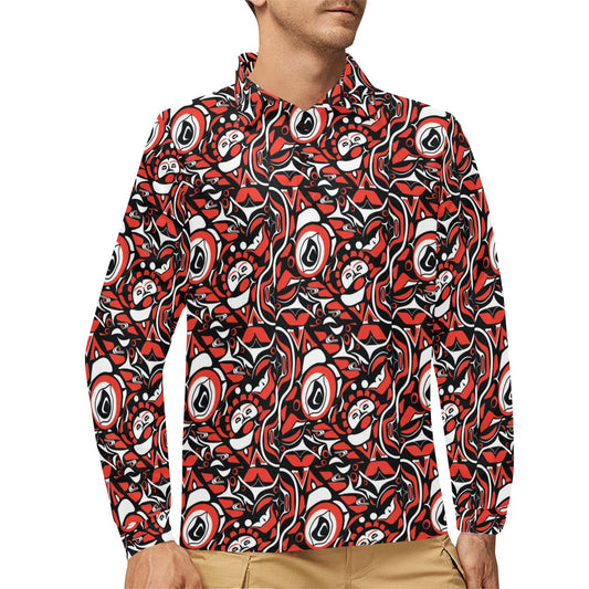 Native North American Themed Print Long Sleeve Polo Shirt For Men's