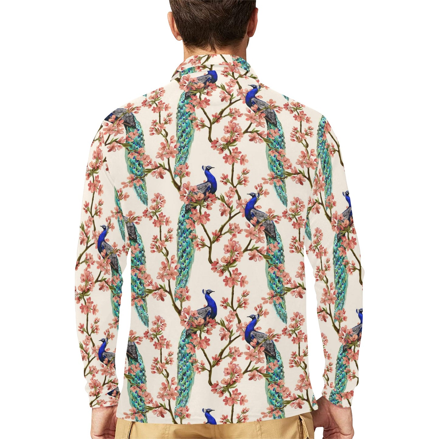 Cherry Blossom Peacock Long Sleeve Polo Shirt For Men's