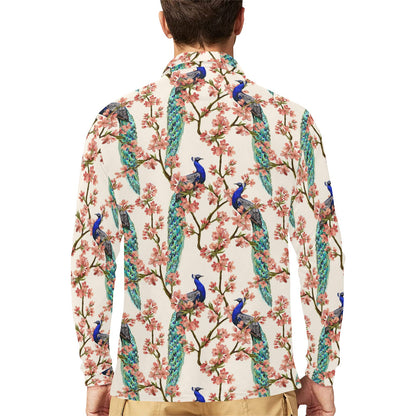 Cherry Blossom Peacock Long Sleeve Polo Shirt For Men's