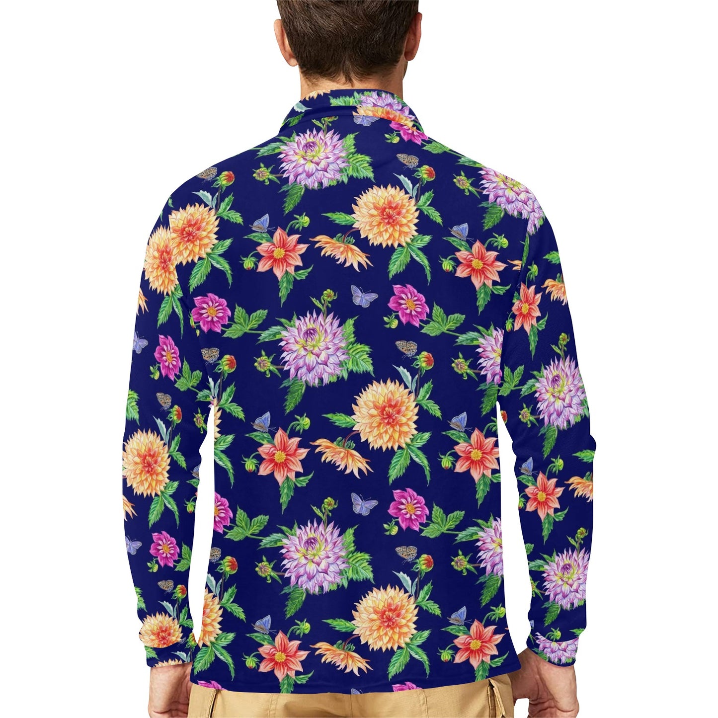 Dahlia Pattern Print Design DH010 Long Sleeve Polo Shirt For Men's
