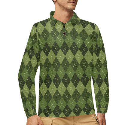 Argyle Green Pattern Print Design 01 Long Sleeve Polo Shirt For Men's