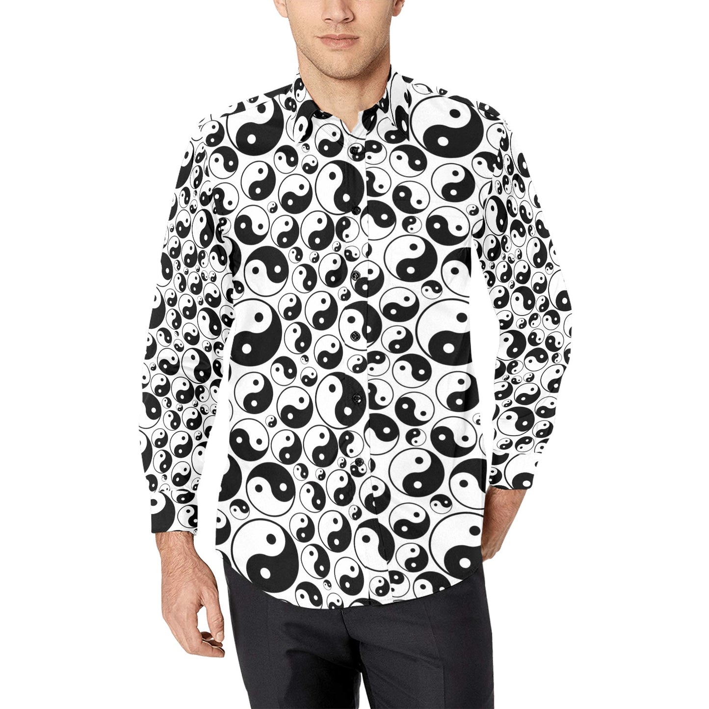 Yin Yang Print Design LKS302 Men's Long Sleeve Dress Shirt