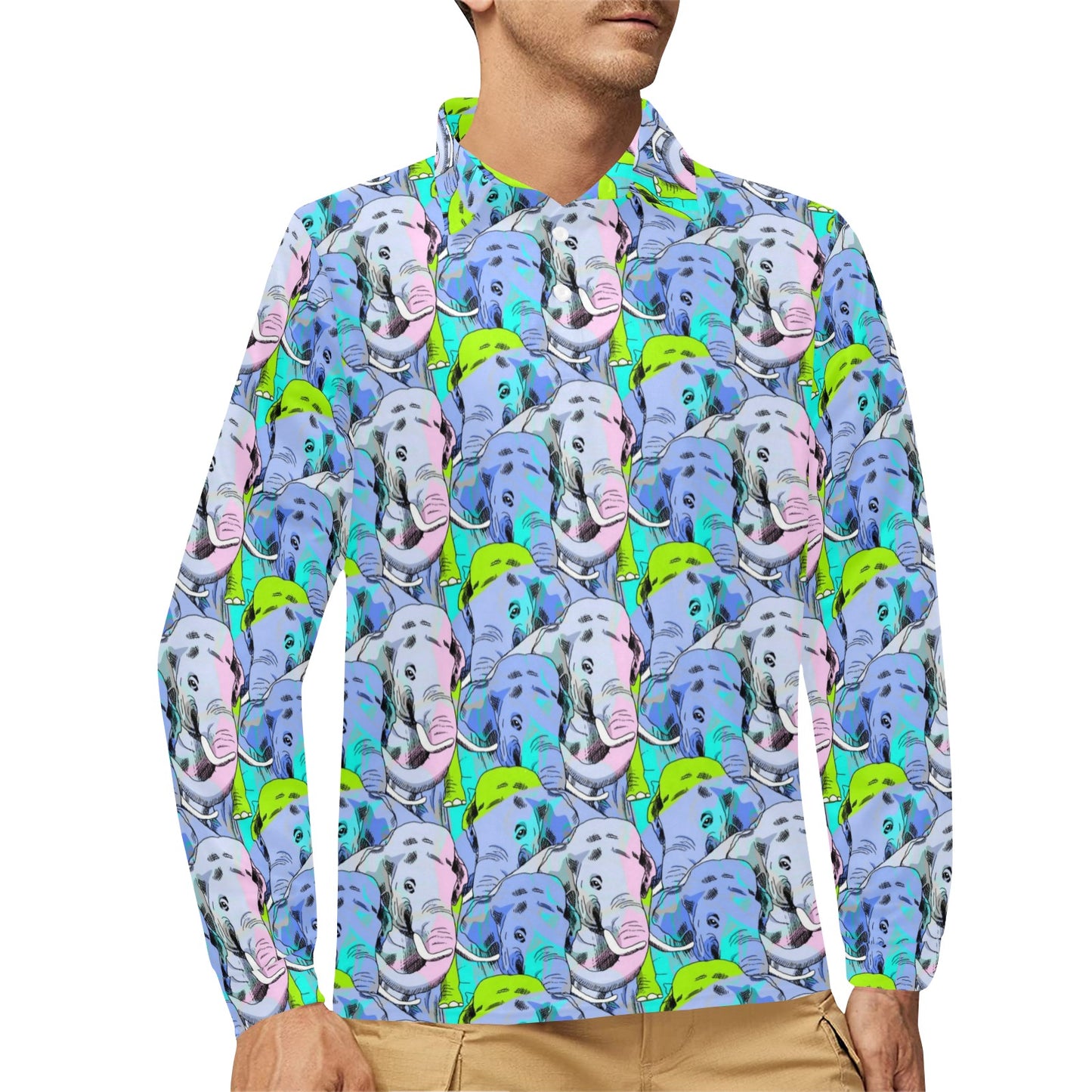 Elephant Art color Print Pattern Long Sleeve Polo Shirt For Men's
