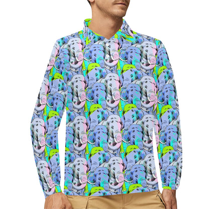 Elephant Art color Print Pattern Long Sleeve Polo Shirt For Men's