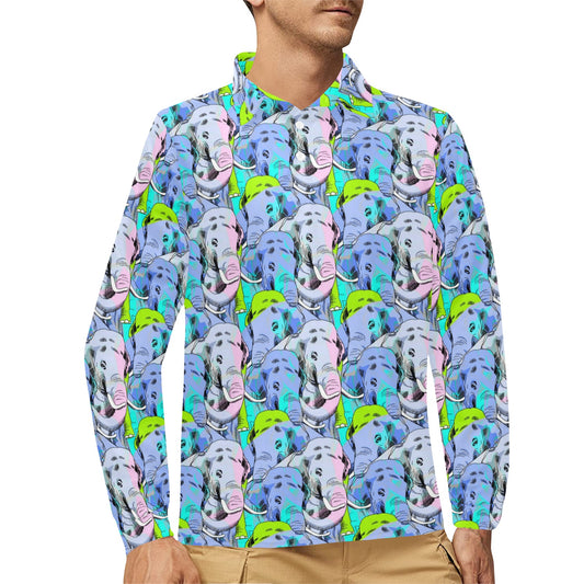 Elephant Art color Print Pattern Long Sleeve Polo Shirt For Men's