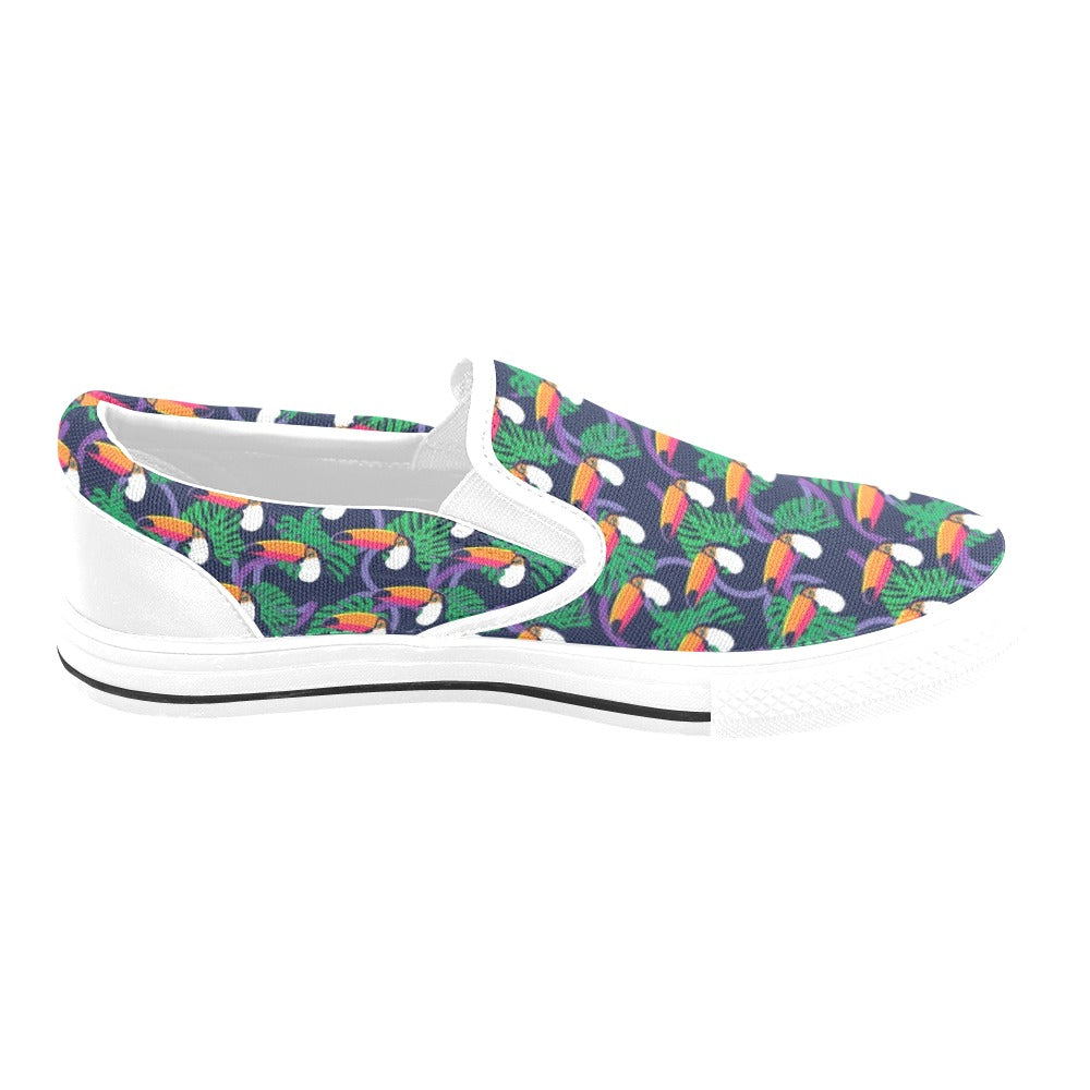 Toucan Print Design LKS302 White Slip Ons Canvas Women's Shoes